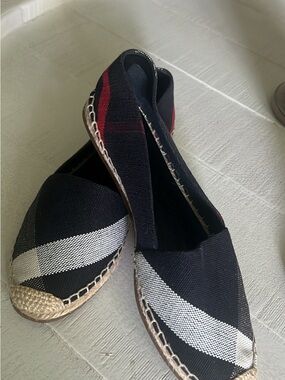 Burberry Black Canvas Espadrilles with White Stripe and Red Heel Detail